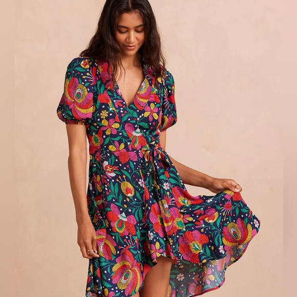 summersalt Dresses & Skirts - Summersalt Wrap Dress Womens 14 Floral Navy Multicolor Puff Sleeve Wrap Tie Midi